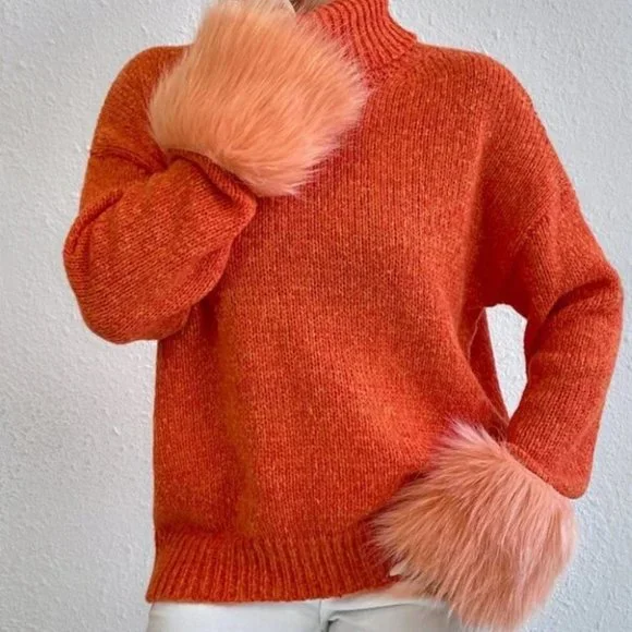 orange faux fur Cuff TurtleNeck Knit Sweater Top - Picture 2 of 6